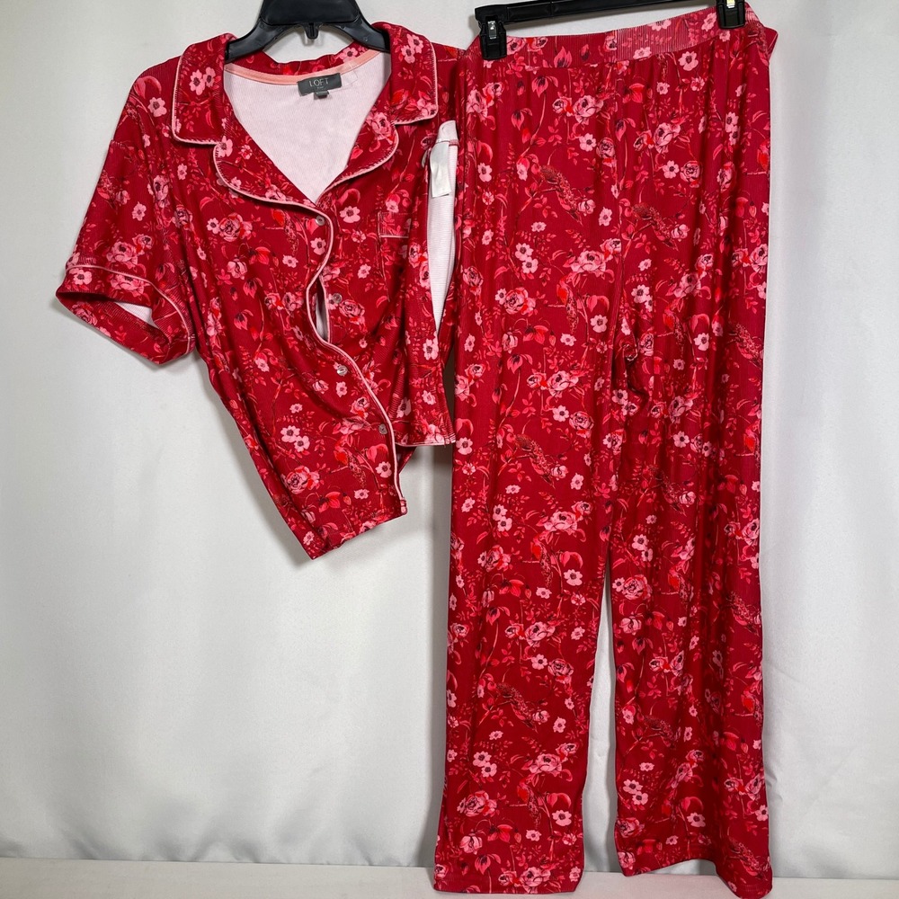 LOFT Sleep Red Floral Peacock Ribbed Wide Leg Pajama Set Women's XL NWT